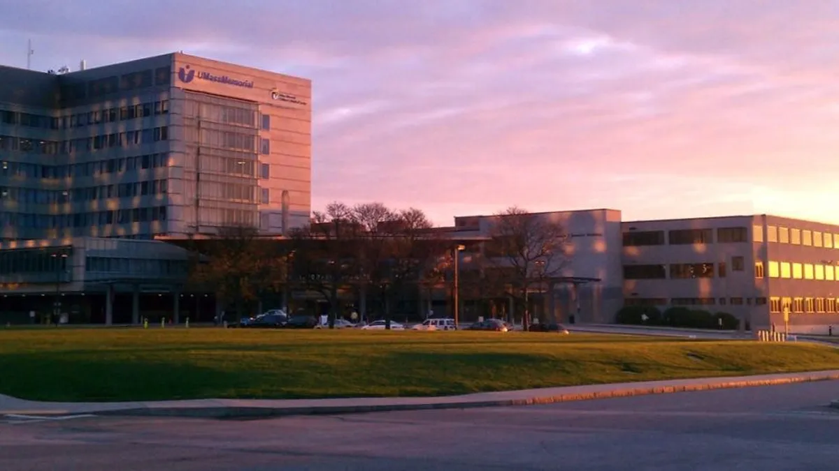 Photograph of the UMass Memorial Medical Center University Hospital at dawn.
