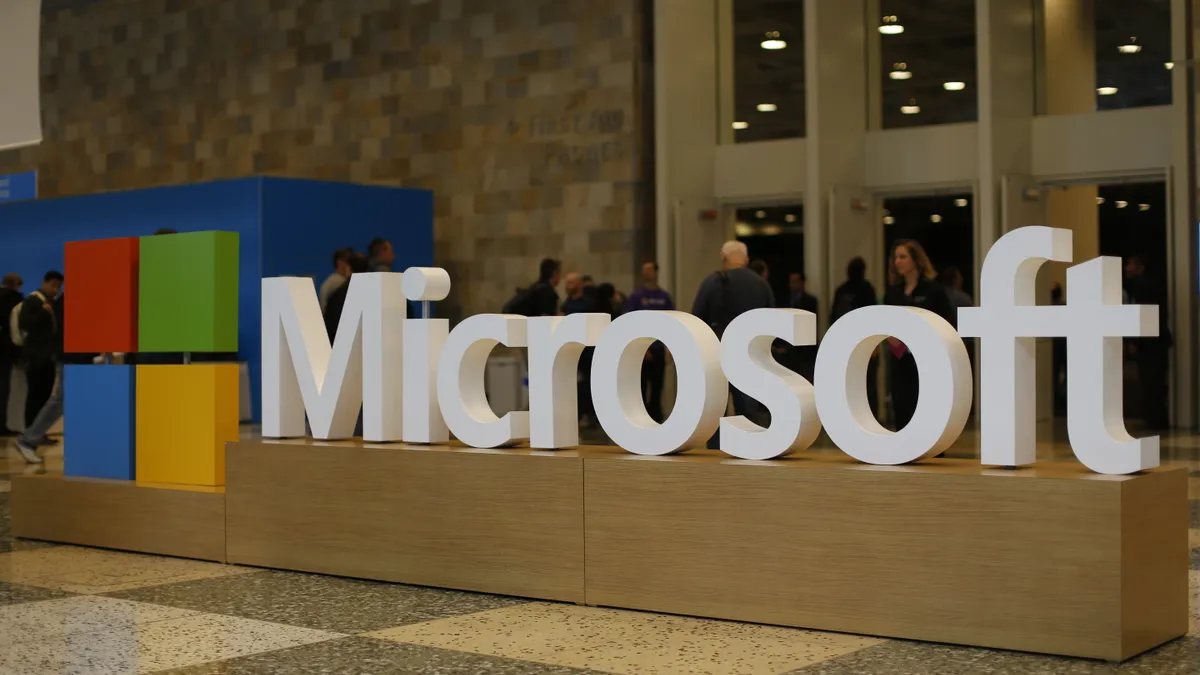 Street shot of Microsoft logo outside of a building at 2015 Microsoft Build Conference on April 29, 2015 at Moscone Center in San Francisco, California.