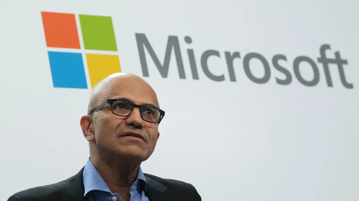 Satya Nadella, CEO of Microsoft, speaks to the media about a joint project called the Volkswagen Automotive Cloud on February 27, 2019 in Berlin, Germany