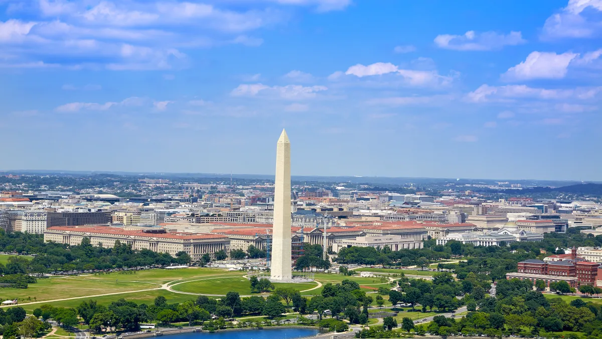 An aerial view of Washington, D.C. that includes the Washington Monument.