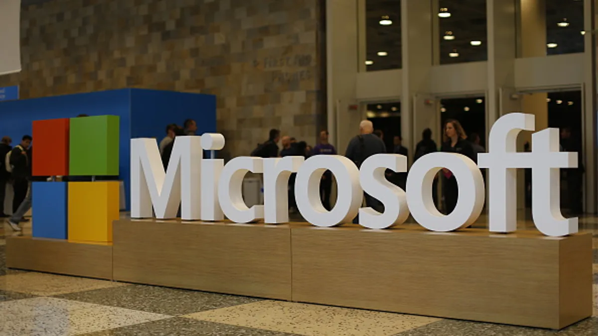 A Microsoft logo is seen during the 2015 Microsoft Build Conference on April 29, 2015 at Moscone Center in San Francisco, California.